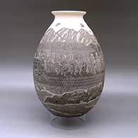 A black on white jar with a flared rim and decorated with a sgraffito Day of the Dead celebration at the Hacienda de San Diego train station, click or tap to see a larger version