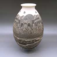 Click for a larger view A black on white jar with a flared rim and decorated with a sgraffito Day of the Dead celebration at the Hacienda de San Diego train station
 by Hector Javier Martinez of Mata Ortiz and Casas Grandes