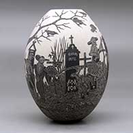 A black on white jar decorated with a sgraffito Day of the Dead at the cemetery design, click or tap to see a larger version