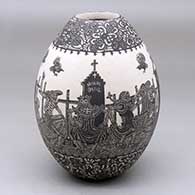 A black on white jar decorated with a sgraffito Day of the Dead at the Cemetery and geometric design
 by Hector Javier Martinez of Mata Ortiz and Casas Grandes