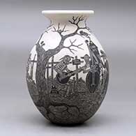 A black on white jar with a rolled lip and decorated with a sgraffito Day of the Dead at the Cemetery design, click or tap to see a larger version