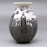 A black on white jar with a rolled lip and decorated with a sgraffito Day of the Dead at the Cemetery design, click or tap to see a larger version