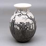 A black on white jar with a rolled lip and decorated with a sgraffito Day of the Dead at the Cemetery design
 by Hector Javier Martinez of Mata Ortiz and Casas Grandes