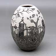 A black on white jar decorated with a sgraffito Day of the Dead at the cemetery design
 by Hector Javier Martinez of Mata Ortiz and Casas Grandes