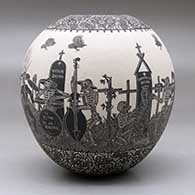 A black on white jar decorated with a sgraffito Day of the Dead at the Cemetery  and geometric design, click or tap to see a larger version