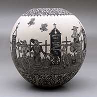 A black on white jar decorated with a sgraffito Day of the Dead at the Cemetery  and geometric design, click or tap to see a larger version