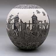 A black on white jar decorated with a sgraffito Day of the Dead at the Cemetery  and geometric design, click or tap to see a larger version