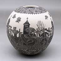 A black on white jar decorated with a sgraffito Day of the Dead at the Cemetery  and geometric design
 by Hector Javier Martinez of Mata Ortiz and Casas Grandes