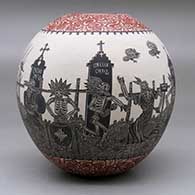 A polychrome jar decorated with a sgraffito Day of the Dead at the Cemetery and geometric design, click or tap to see a larger version