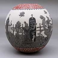 A polychrome jar decorated with a sgraffito Day of the Dead at the Cemetery and geometric design, click or tap to see a larger version