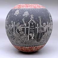 A polychrome jar decorated with a sgraffito Night of the Dead at the cemetery and geometric design, click or tap to see a larger version