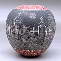 A polychrome jar decorated with a sgraffito Night of the Dead at the cemetery and geometric design, click or tap to see a larger version