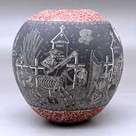 A polychrome jar decorated with a sgraffito Night of the Dead at the cemetery and geometric design, click or tap to see a larger version
