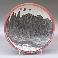 A polychrome shallow bowl decorated inside with a sgraffito Day of the Dead at the Indian village and geometric design
 by Hector Javier Martinez of Mata Ortiz and Casas Grandes