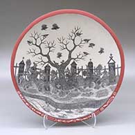 A polychrome shallow bowl decorated inside with a sgraffito Day of the Dead at the Cemetery and geometric design
 by Hector Javier Martinez of Mata Ortiz and Casas Grandes