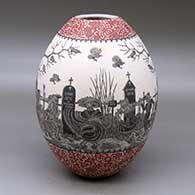 A polychrome jar decorated with a sgraffito Day of the Dead at the Cemetery and geometric design
 by Hector Javier Martinez of Mata Ortiz and Casas Grandes