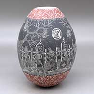 A polychrome jar decorated with a sgraffito Night of the Dead at the cemetery and geometric design
 by Hector Javier Martinez of Mata Ortiz and Casas Grandes