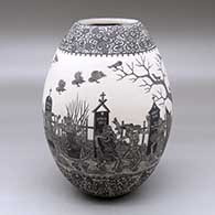A black on white jar decorated with a sgraffito Day of the Dead at the Cemetery and geometric design
 by Hector Javier Martinez of Mata Ortiz and Casas Grandes