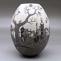 A black on white jar decorated with a sgraffito Day of the Dead at the cemetery design, click or tap to see a larger version