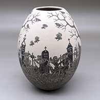 A black on white jar decorated with a sgraffito Day of the Dead at the cemetery design
 by Hector Javier Martinez of Mata Ortiz and Casas Grandes