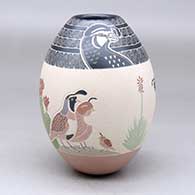 Click for a larger view A polychrome jar decorated with a sgraffito and painted quail, cactus, flower and geometric design
by Mariela Tena of Mata Ortiz and Casas Grandes