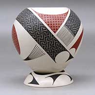 A polychrome jar decorated with a two panel tiny square and geometric design, plus a custom matching stand, click or tap to see a larger version