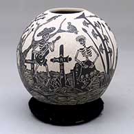 Click for a larger view A black on white jar decorated with a sgraffito Day of the Dead at the Cemetery design
 by Alfredo Rodriguez of Mata Ortiz and Casas Grandes