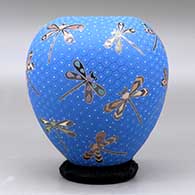 A polychrome jar decorated with a sgraffito and painted dragonfly and geometric mesh design, click or tap to see a larger version