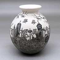 A black on white jar with a rolled lip and decorated with a sgraffito Day of the Dead at the Cemetery design
 by Hector Javier Martinez of Mata Ortiz and Casas Grandes