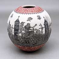 A polychrome jar decorated with a sgraffito Day of the Dead at the Cemetery and geometric design
 by Hector Javier Martinez of Mata Ortiz and Casas Grandes