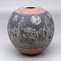 A polychrome jar decorated with a sgraffito Night of the Dead at the cemetery and geometric design
 by Hector Javier Martinez of Mata Ortiz and Casas Grandes