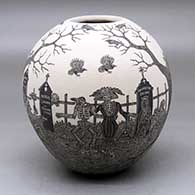 A black on white jar decorated with a sgraffito Day of the Dead at the cemetery design
 by Hector Javier Martinez of Mata Ortiz and Casas Grandes