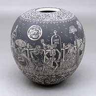 A black on black jar decorated with a sgraffito Night of the Dead at the Cemetery and geometric design
 by Hector Javier Martinez of Mata Ortiz and Casas Grandes