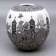 A black on white jar decorated with a sgraffito Day of the Dead at the Cemetery and geometric design
 by Hector Javier Martinez of Mata Ortiz and Casas Grandes