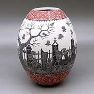 A polychrome jar decorated with a sgraffito Day of the Dead at the Cemetery and geometric design
 by Hector Javier Martinez of Mata Ortiz and Casas Grandes