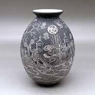 A black on white jar with a rolled lip and decorated with a sgraffito Night of the Dead at the Cemetery and geometric design
 by Hector Javier Martinez of Mata Ortiz and Casas Grandes