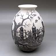A black on white jar with a rolled lip and decorated with a sgraffito Day of the Dead with Native Americans at the Cemetery design
 by Hector Javier Martinez of Mata Ortiz and Casas Grandes