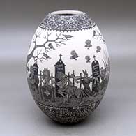 A black on white jar decorated with a sgraffito Day of the Dead at the Cemetery with Native Americans and geometric design
 by Hector Javier Martinez of Mata Ortiz and Casas Grandes