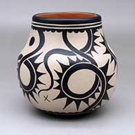 A polychrome jar decorated with a four-panel vine, dragonfly, feather, cloud and geometric design
 by Virgil Ortiz of Cochiti