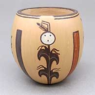 Small polychrome jar with a sgraffito and painted four-panel cornstalk and geometric design
 by Ida Sahmie of Dineh