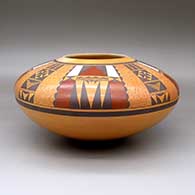 A large polychrome seed pot with fire clouds and decorated with an eight-panel geometric design above the shoulder
 by Steve Lucas of Hopi