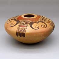 A polychrome seed pot decorated with a four-panel bird element and geometric design
 by Darlene Nampeyo of Hopi