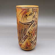 A polychrome cylinder decorated with a three-panel bird element and geometric design
 by Gloria Kahe of Hopi