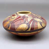 Click for a larger view A polychrome seed pot decorated above the shoulder with a four panel bird element, hand and geometric design
by Jacob Koopee of Hopi