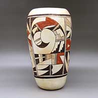A large polychrome cylinder decorated around the body with a four panel bird element and geometric design, click or tap to see a larger version