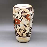 A large polychrome cylinder decorated around the body with a four panel bird element and geometric design, click or tap to see a larger version