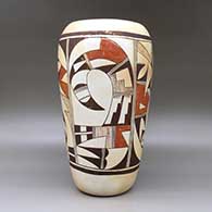 A large polychrome cylinder decorated around the body with a four panel bird element and geometric design, click or tap to see a larger version