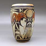 A polychrome cylinder decorated with a two panel thunderbird and geometric design, click or tap to see a larger version
