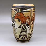 A polychrome cylinder decorated with a two panel thunderbird and geometric design, click or tap to see a larger version