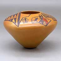 A polychrome jar decorated above the high shoulder with a bird element, crosshatch, checkerboard and geometric design, plus fire clouds, click or tap to see a larger version